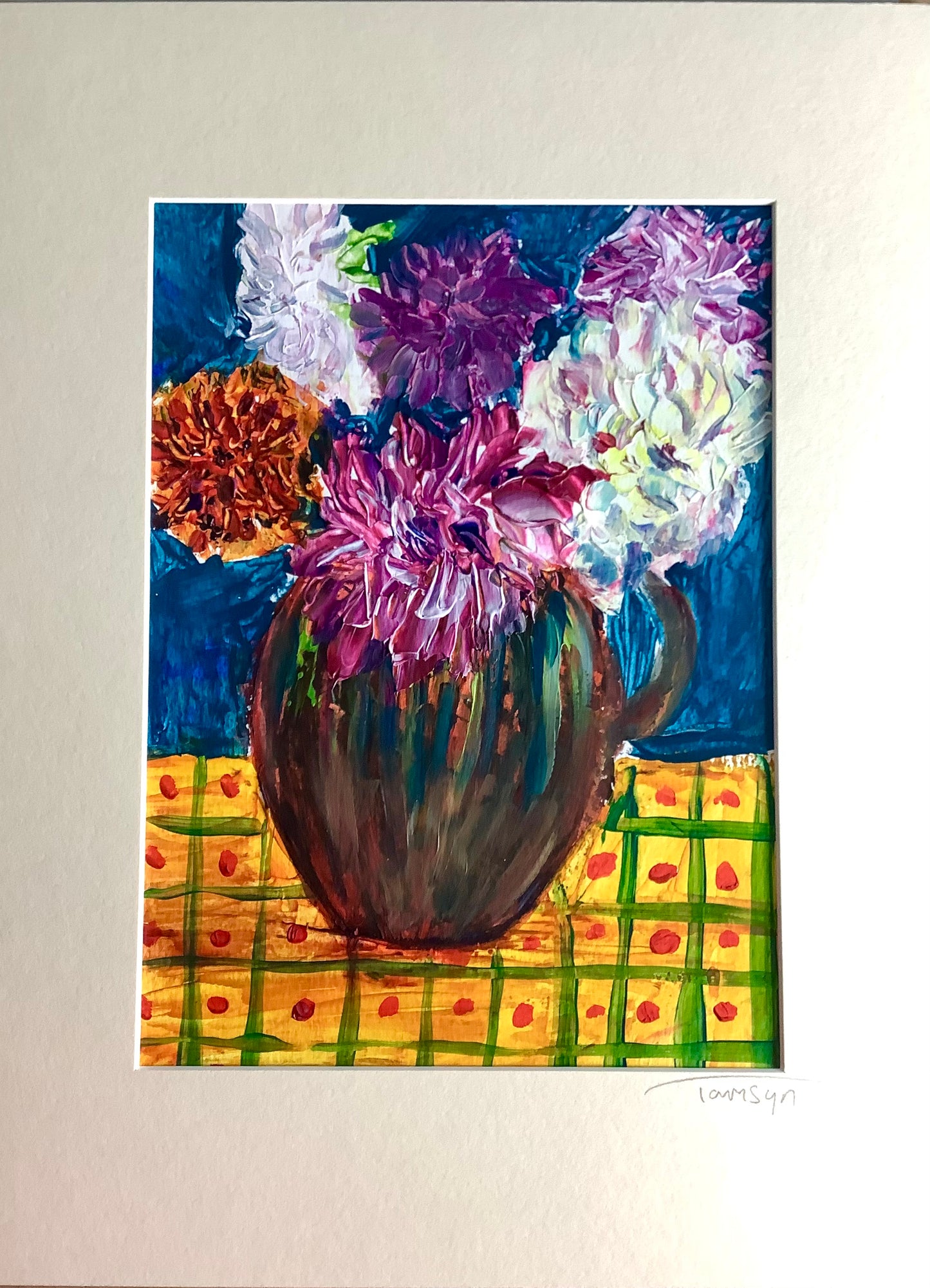 Dahlias in Pottery Jug Original Painting