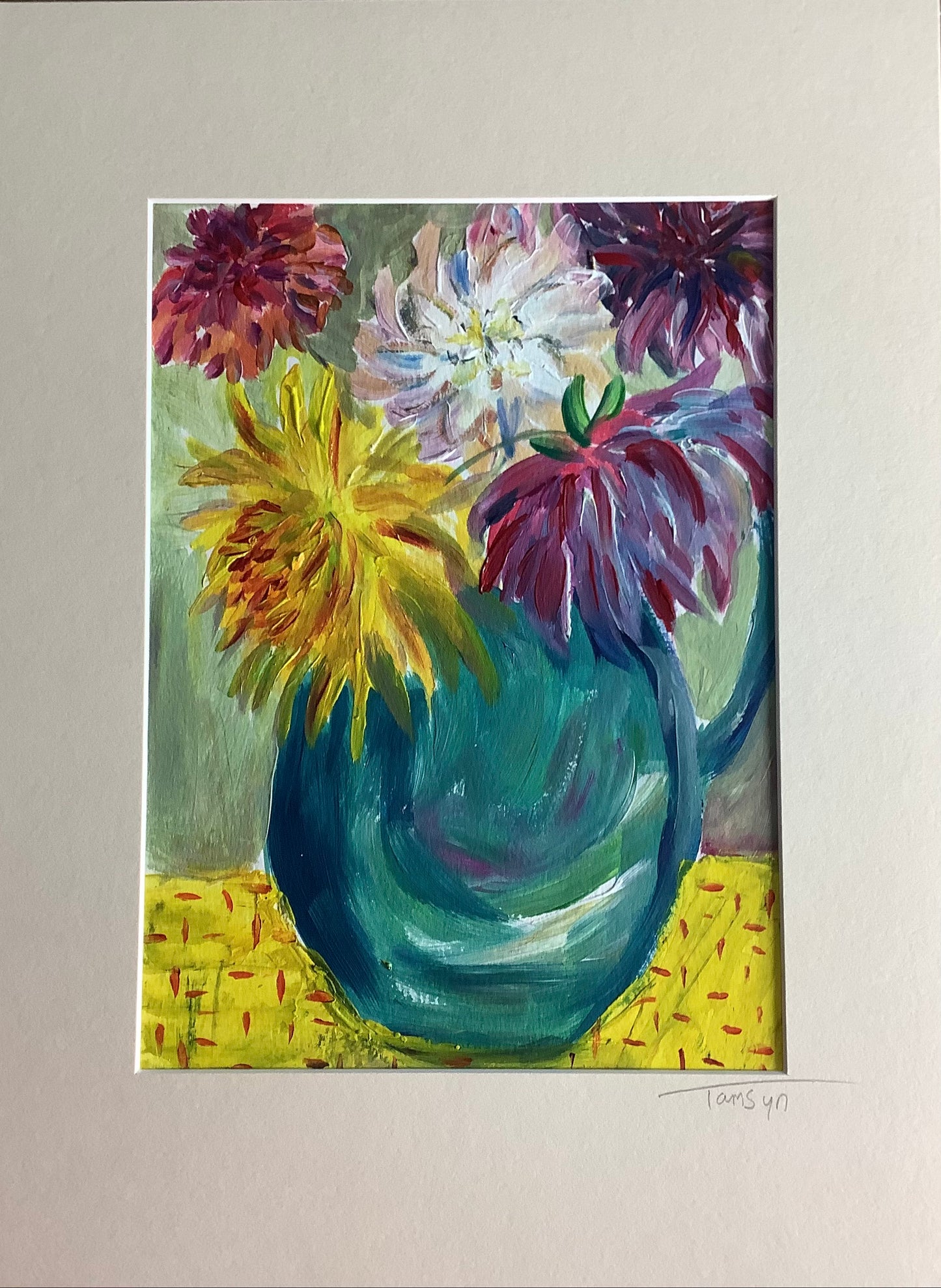 Dahlias in Blue Jug Original Painting