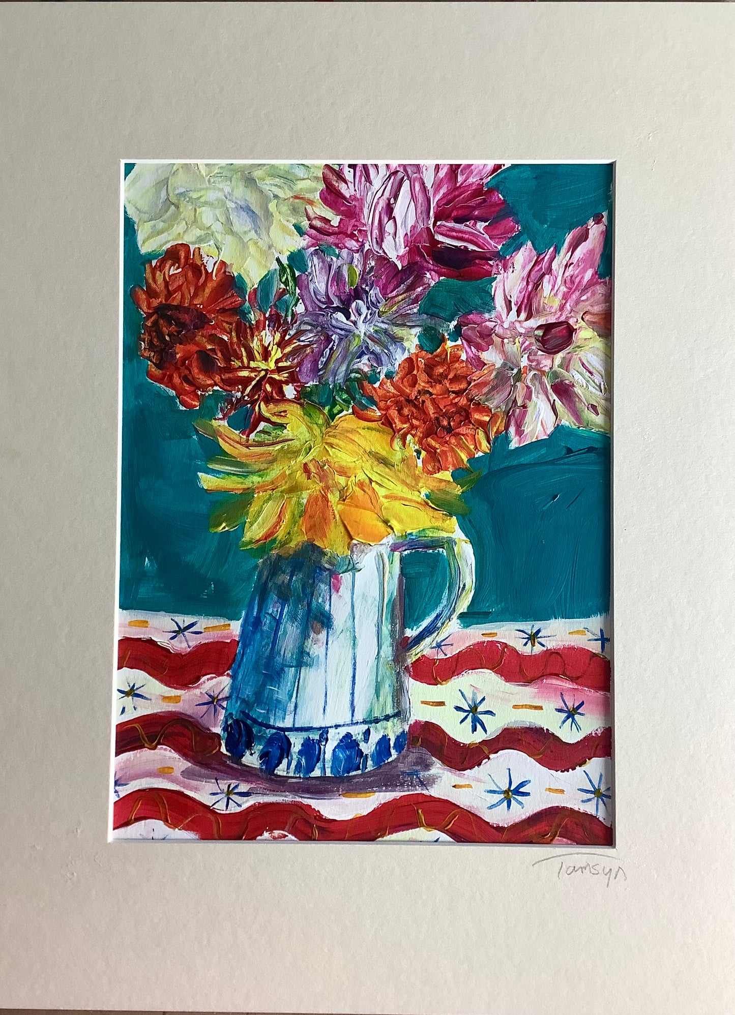 Dahlias in Stripey Vase Original Painting