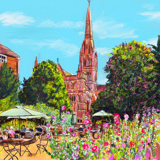 Hollyhocks and Cathedral Art Card