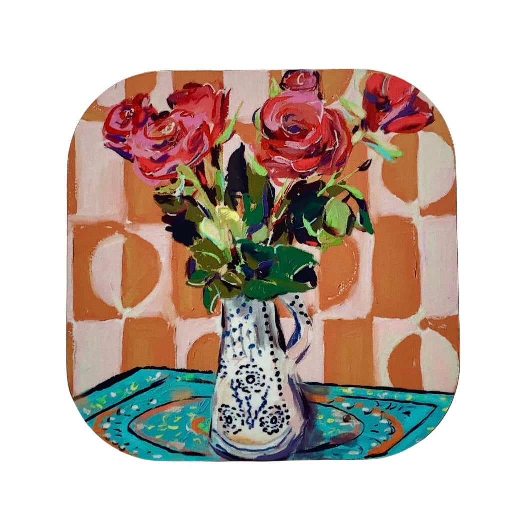 Red Roses on Blue Table Coaster