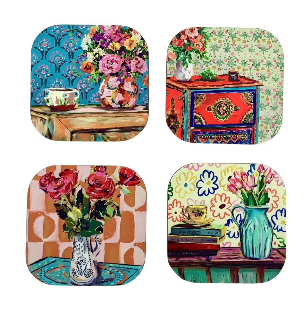 Red Roses on Blue Table Coaster