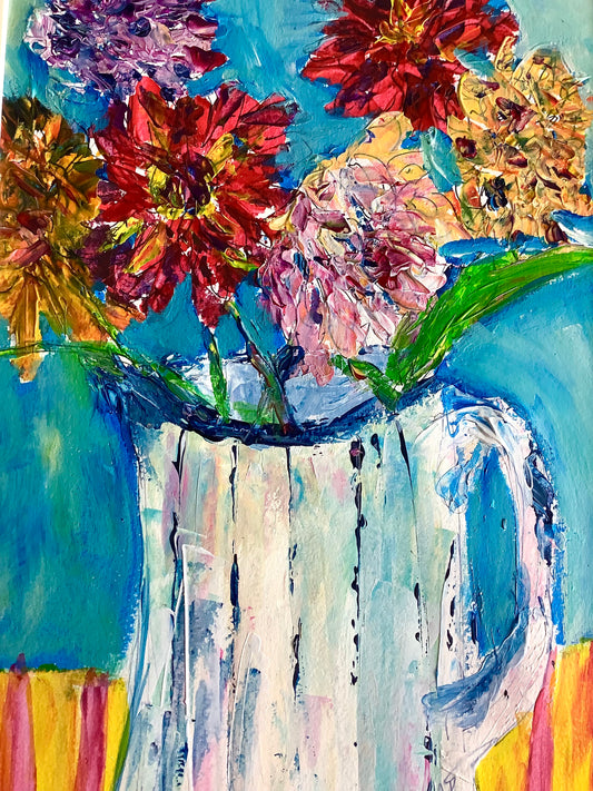 Flowers and Stripey Table Cloth Original Painting
