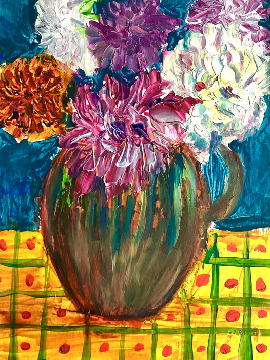 Dahlias in Pottery Jug Original Painting
