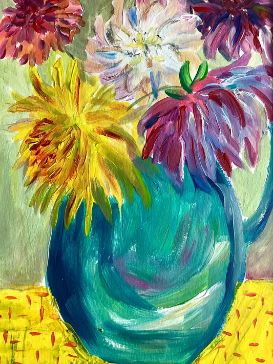 Dahlias in Blue Jug Original Painting