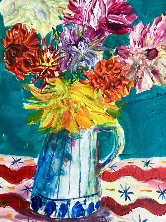Dahlias in Stripey Vase Original Painting