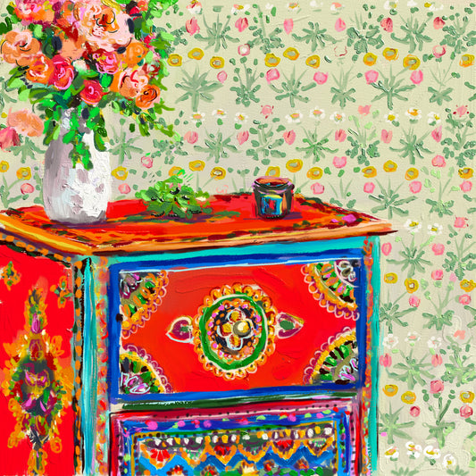 Roses On Red Dresser